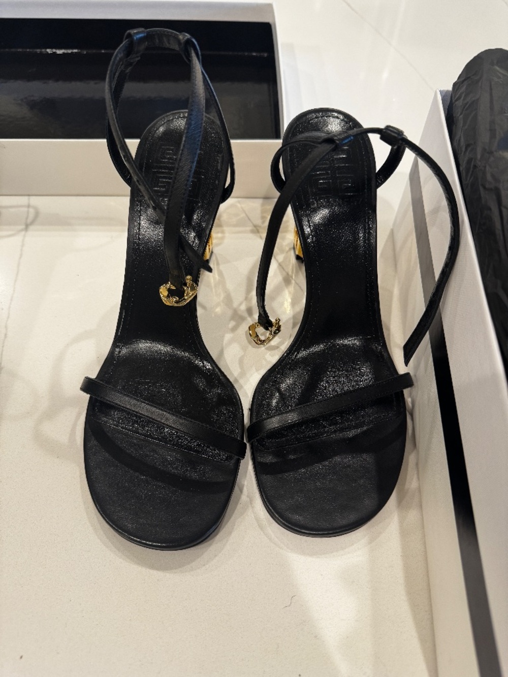 Givenchy G Cube Heel Leather Sandals Black Gold Heel Size 40 - Picture 4 of 6